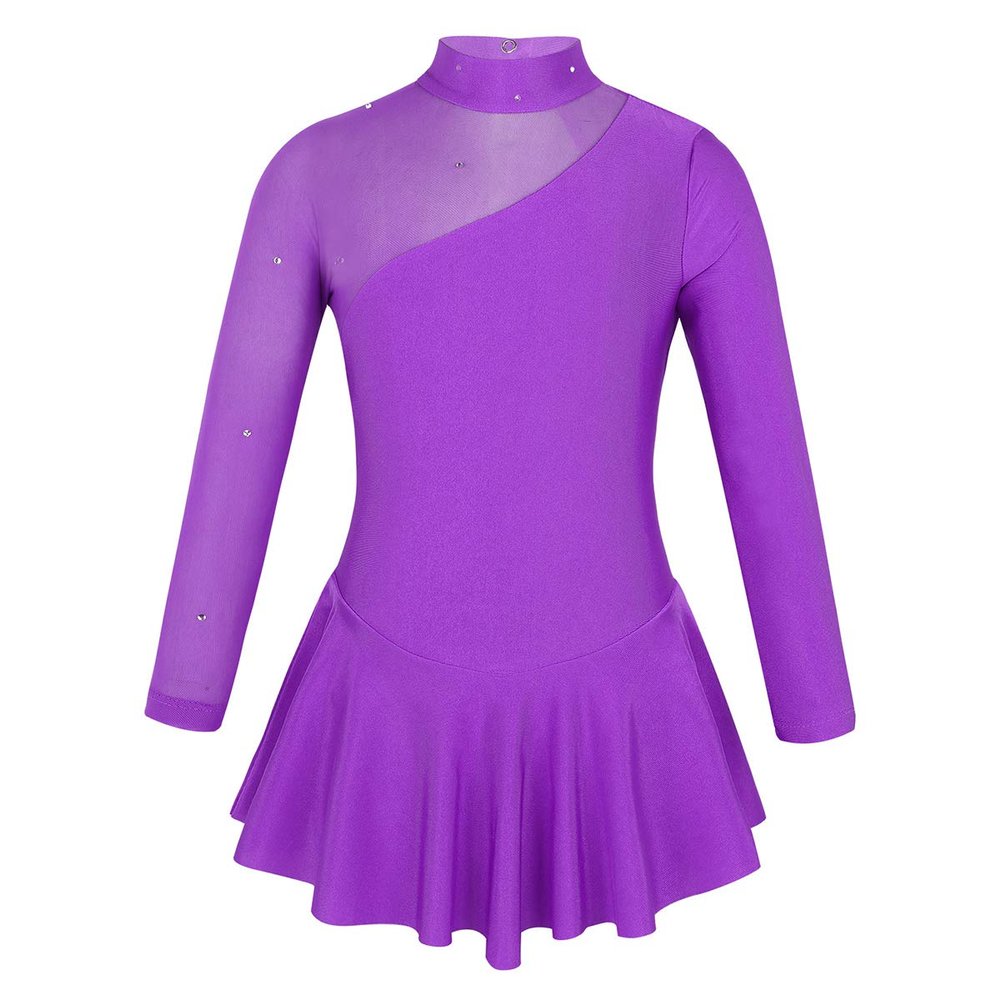 JEATHA Kids Girls Rhinestone Mesh Splice Figure Ice Skating Ballet Dance Gymnastics Leotard Dress Dancewear Purple 8