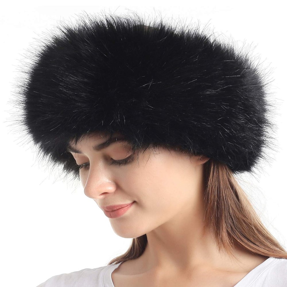 sy soul young Faux Fur Headband with Elastic for Women's Winter Earwarmer Earmuff(One Size,Black with KGB)