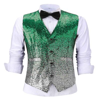Ceehuteey Suit Vest Gradient Color Sequin Mens Evening Party Fashion Waistcoat for Wedding Groomsmen (S,Green)
