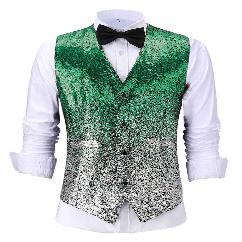 Ceehuteey Suit Vest Gradient Color Sequin Mens Evening Party Fashion Waistcoat for Wedding Groomsmen (S,Green)