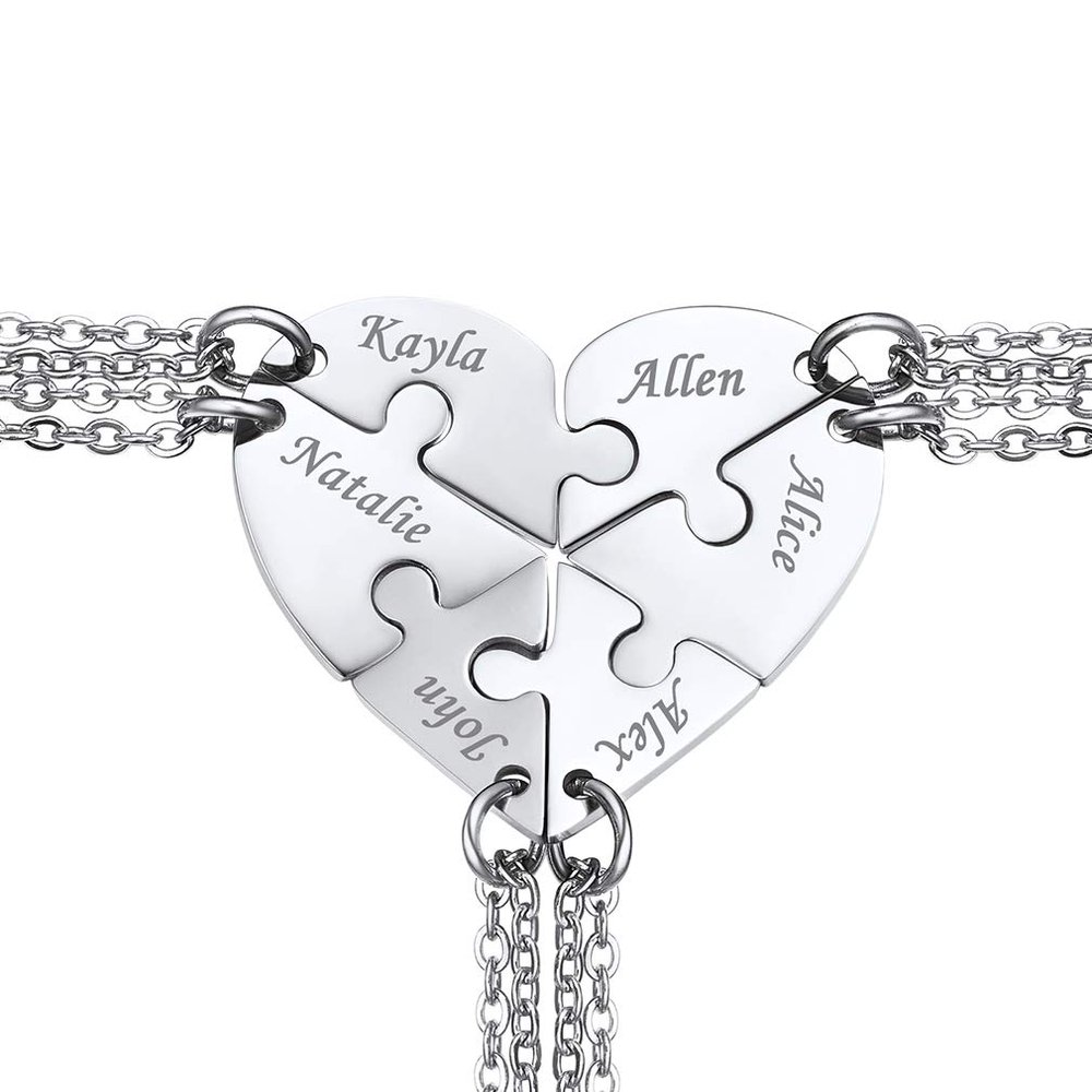 Custom BFF Necklace for 6 Personalized Split Heart Friendship Couple Family Necklace Stainless Steel Heart-Shaped Matching Puzzle Pendant Jewelry Gifts for Best Friend Women