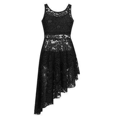 moily Kids Girls Ballet Lyrical Dance Outfit Irregular Lace Dress with Top Bottoms Stage Set Black 4-5