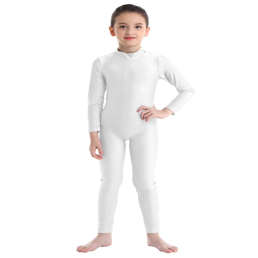 JEATHA Kids Girls Classic Long Sleeves Full Body Gymnastics Exercise Unitard Sports Leotard Bodysuit Costumes Ivory 5-6