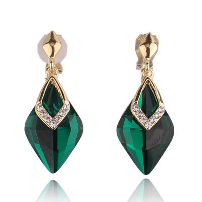 HAPPYAN High-grade Rhinestone Crystal Clip on Earrings No Pierced for Women Party Wedding Anti-Allergy Ear Clip (Green Clip-on)
