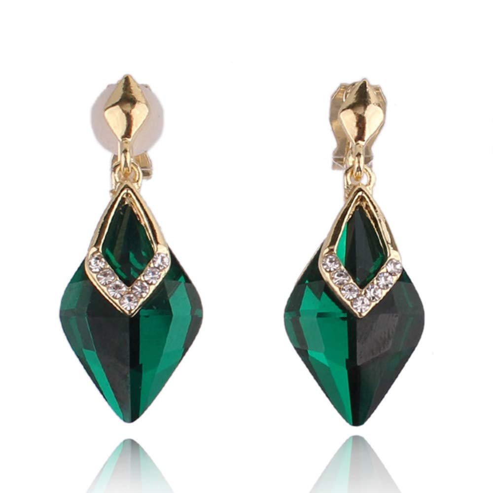 HAPPYAN High-grade Rhinestone Crystal Clip on Earrings No Pierced for Women Party Wedding Anti-Allergy Ear Clip (Green Clip-on)