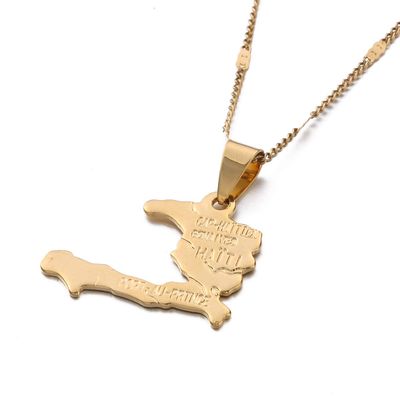 24K Gold Plated The Republic of Haiti Map Pendant Necklace Chain Port-AU-Prince Map Jewelry