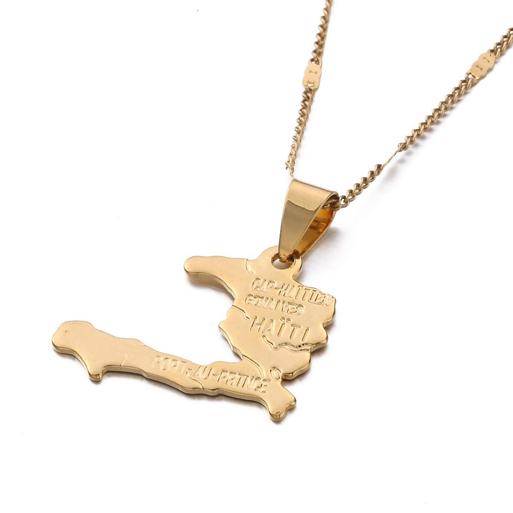 24K Gold Plated The Republic of Haiti Map Pendant Necklace Chain Port-AU-Prince Map Jewelry