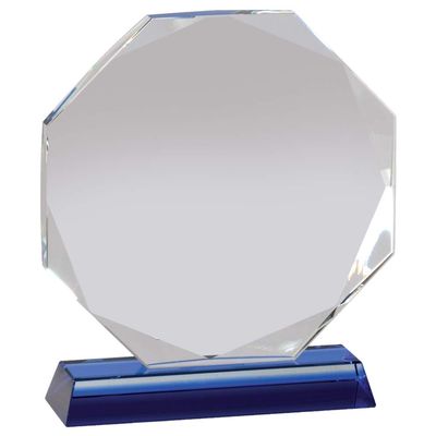 SHOP AWARDS AND GIFTS Octagon Shape Optical Crystal Trophy Award Personalized, Customizable Engraved, Sports, Softball, Work, Business Prizes, Blue Base 6- Inch