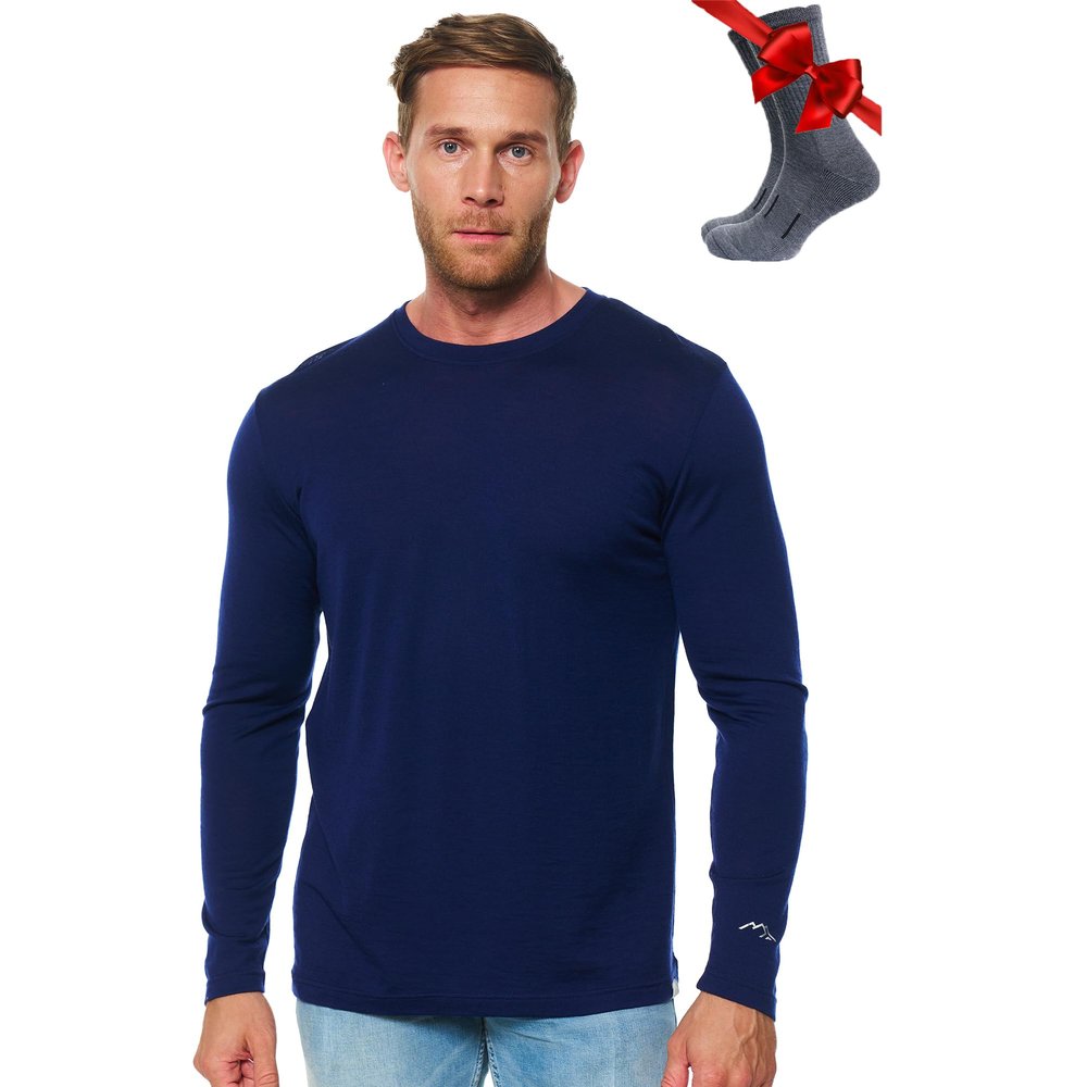 Merino.tech Merino Wool Base Layer - Mens 100% Merino Wool Long Sleeve Thermal Shirts Heavyweight, Midweight, Lite with Socks (M, 165 Navy)