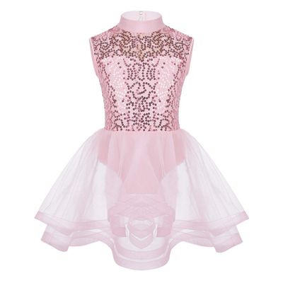 easyforever Girls Mock Neck Sleeveless Sequins Keyhole Back Ice Skating Roller Skating Ballet Dance Leotard Dress Pink 14