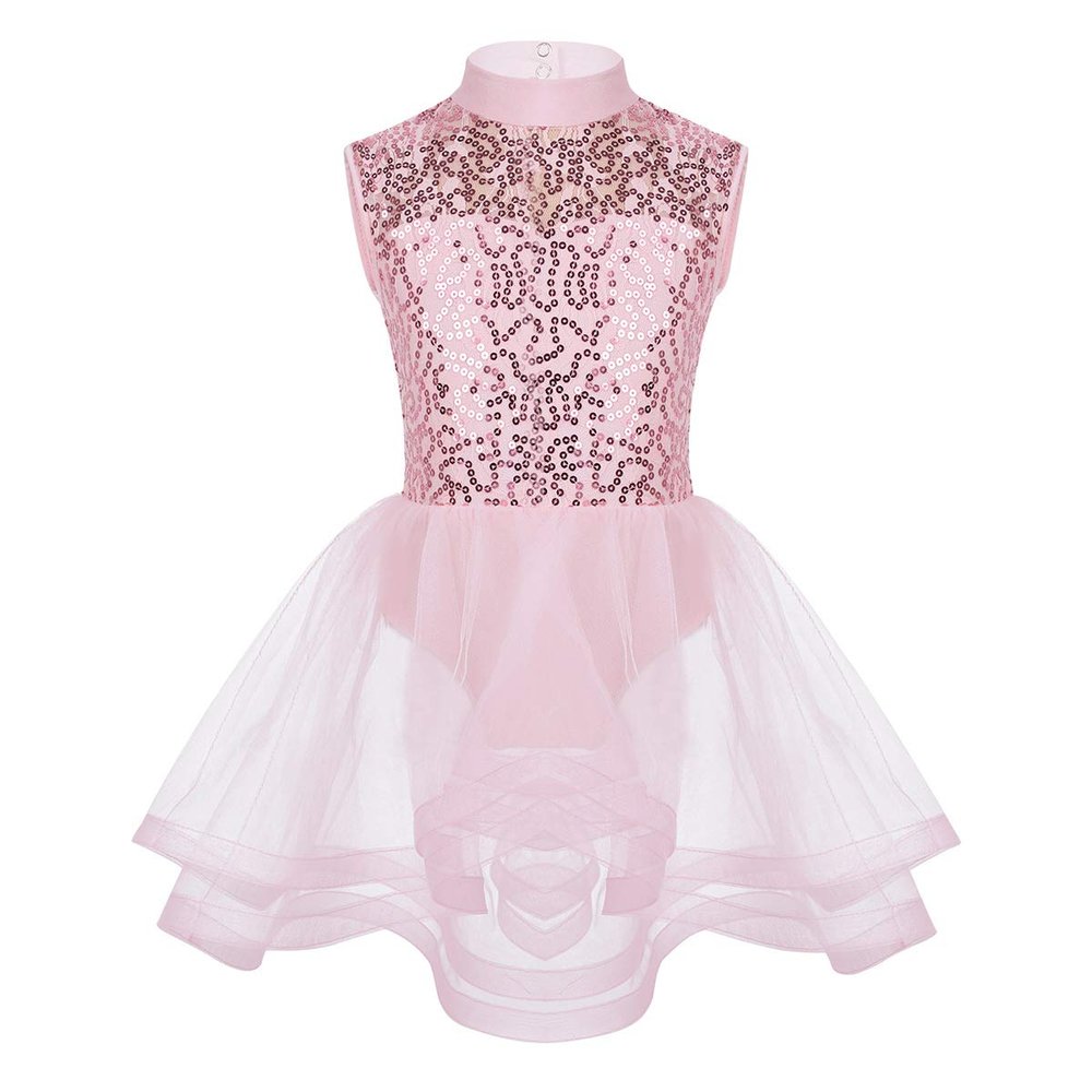easyforever Girls Mock Neck Sleeveless Sequins Keyhole Back Ice Skating Roller Skating Ballet Dance Leotard Dress Pink 14