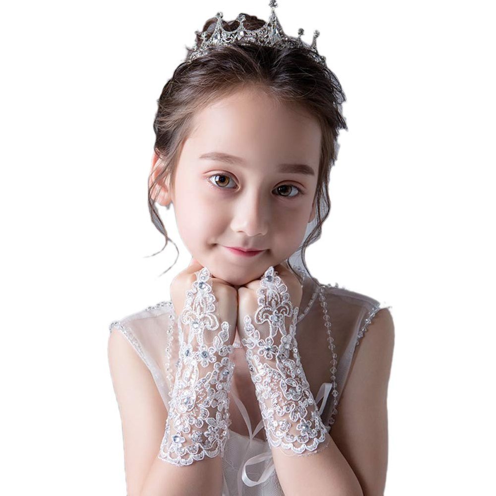 LeJulyeekay Flower Girls Gloves Pageant Lace Wrist Length Lace Wedding Dress Gloves 5-12Yrs