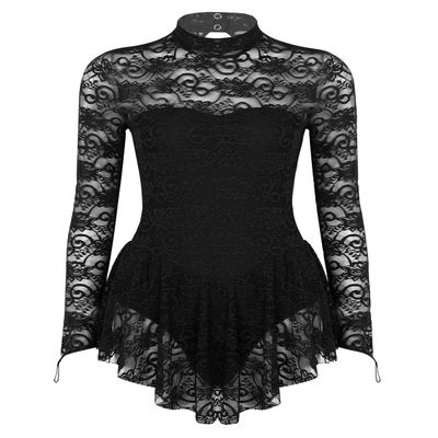 ACSUSS Women's Mock Neck Lace Figure Ice Skating Dress Ballet Dance Leotard Dress Costume Black Large