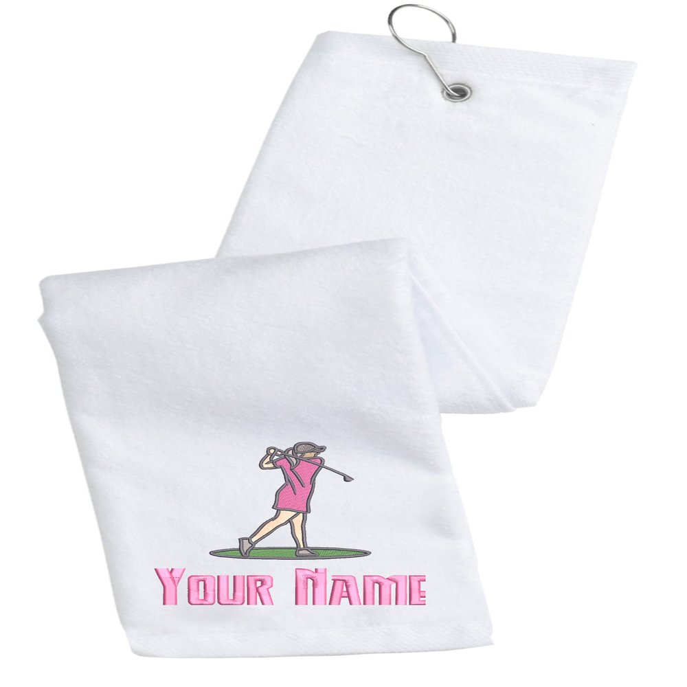 Printualist Personalized Golf Towel - Custom Embroidered Design & Name - Women Design - 16" x 26", White, Absorbent Cotton Terry Velour Fabric