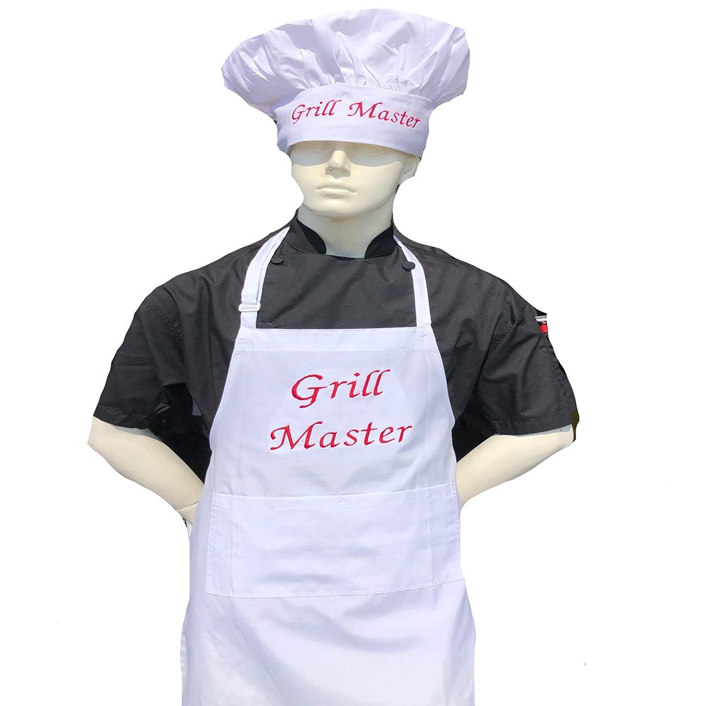 CHEFSKIN Beautiful Grill Master Chef Apron Professional Gift (White Apron+HAT, RED Embroidery)