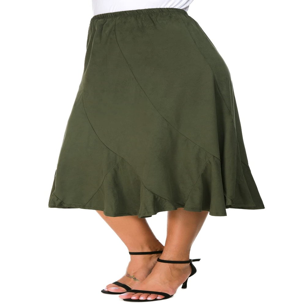EXCHIC Women's Elegant Ankle Length Ruffle Hem Elastic Waist Suede Midi Skirt (L, Army Green)