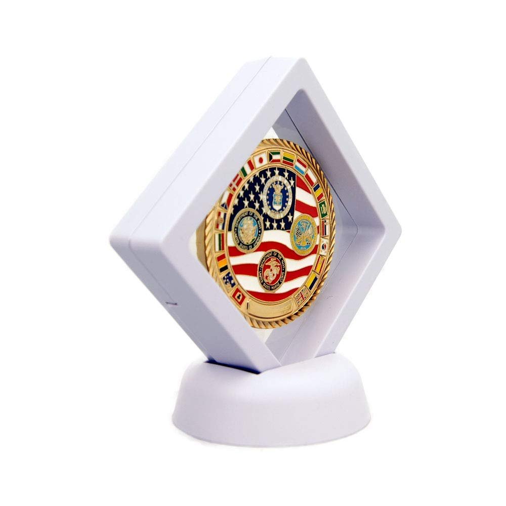 DECOMIL Coin Display Stand - Set of 5-3D Floating Frame Display Holder with Stands for Challenge Coins, AA Medallions, Jewelry, 2.75 x 2.75 x 0.75 inches (5, White)