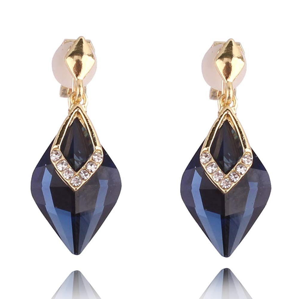 HAPPYAN High-grade Rhinestone Crystal Clip on Earrings No Pierced for Women Party Wedding Anti-Allergy Ear Clip (Blue Clip-on)