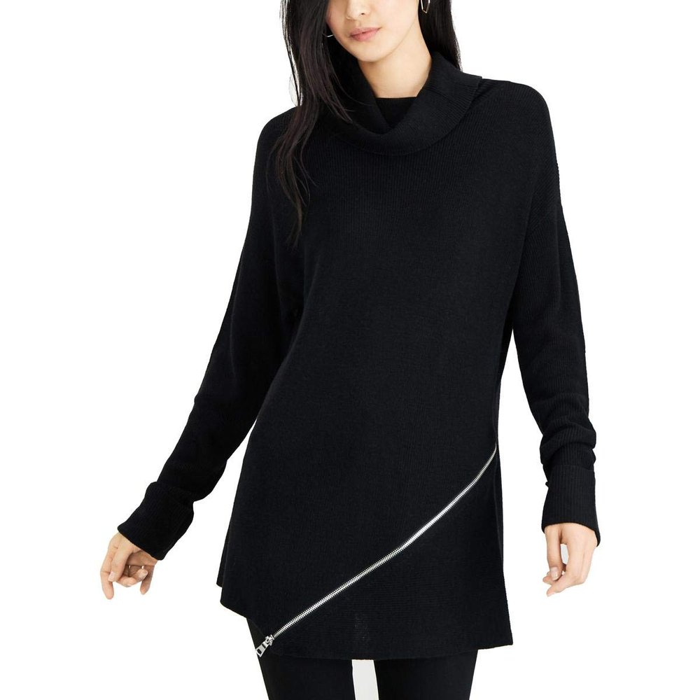 Bar III Womens Zipper-Trim Turtleneck Tunic Sweater Black M