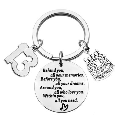 BEKECH Birthday Keychain Gifts for Him/Her,10th 12th 13th 14th 15th 16th 18th 30th 40th 50th Birthday Cake Birthday Key Ring Gift, Behind You All Memories Before You All Your Dream (13th)