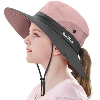 LCZTN Kids Ponytail Sun Hat Wide Brim UV Protection for Girls Beach Bucket Cap (M:20.5"-21.7" Head circumferences, Suggest to 5-12T, Light Pink)