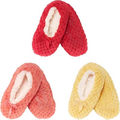 Adult Women Warm Cozy Fuzzy Soft Touch Slippers Non-Slip Lined Socks, Indoor Travel Home Slipper, Assortment C, Small, 3 Pairs
