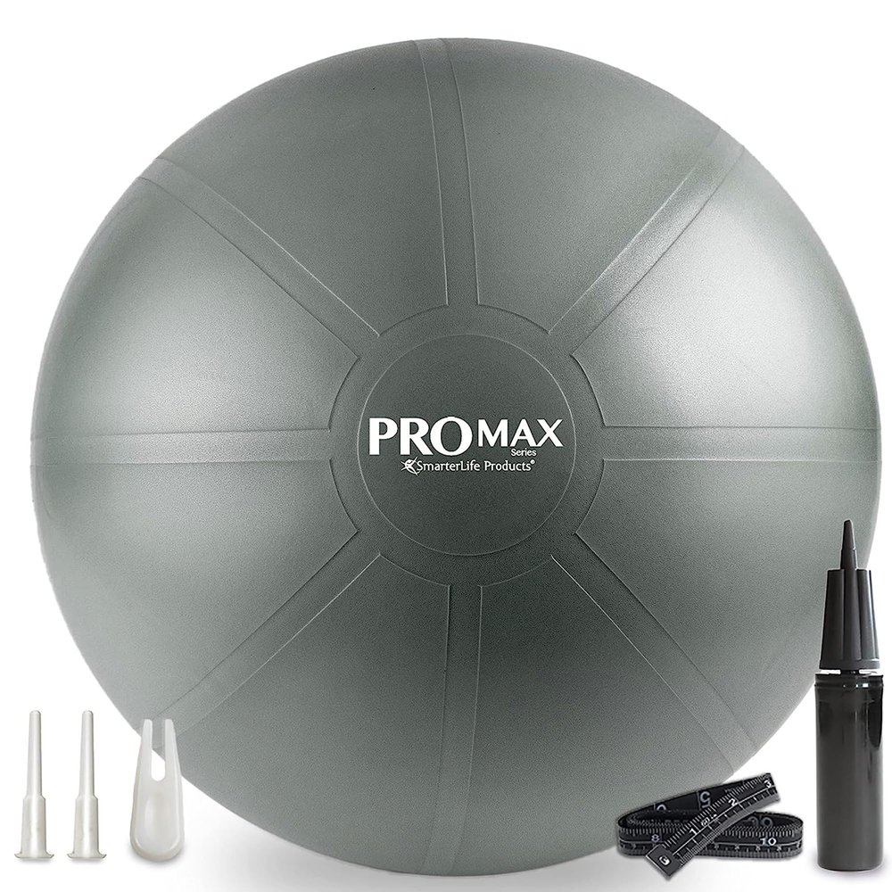 SmarterLife PRO MAX Exercise Ball for Stability Workout, Fitness, Pregnancy, Yoga, Pilates, Home Gym, Physical Therapy, Birthing, Balance Ball Chair (65 cm, Silver)