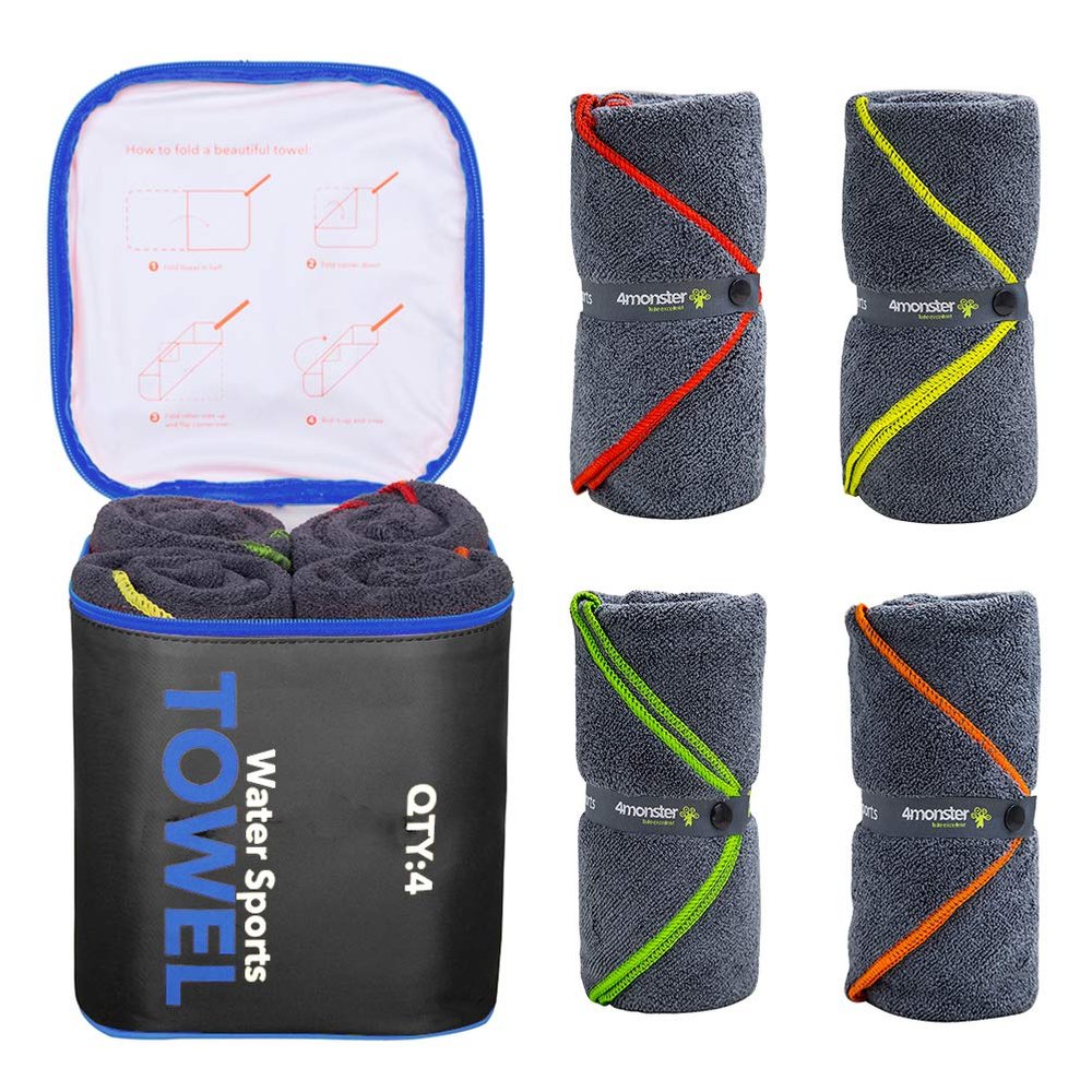 4Monster 4 Pack Microfiber Camping Towel Quick Dry, Super Absorbent Travel Towel with Waterproof Bag, Lightweight Boat Towel for RV, Sport, Gym, Beach, Pool, Swim,Family Trip
