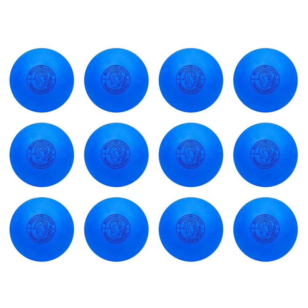 Signature Lacrosse Ball Set - Packs of 2, 4, 8, 12, and 120 - No Chemical Smell Massage Balls, Myofascial Release Tools, Back Roller, Muscle Knot Remover, Firm Rubber (Blue, 12 Balls)
