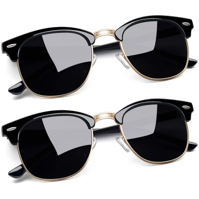 Joopin Semi-Rimless Sunglasses 2 Pack Gold Black Shades for Women Men Horn Rimmed Sun Glasses Polarized UV Protection Browline