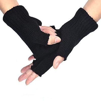 Black Knitted Stretch Elastic Winter Warm Half Finger Men Gloves