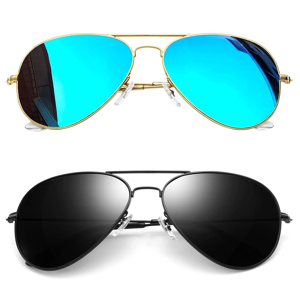 Joopin 2 Pack Polarized Aviation Sunglasses UV400 Protection, Black Military Sun Glasses, Trendy Lightweight Blue Mirror Shades