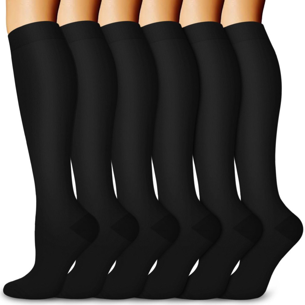 Aoliks Compression Socks for Women and Men, Black Knee High Support Stockings 6 Pairs for Running, Gym Training, Cycling, Golf and Daily Workouts