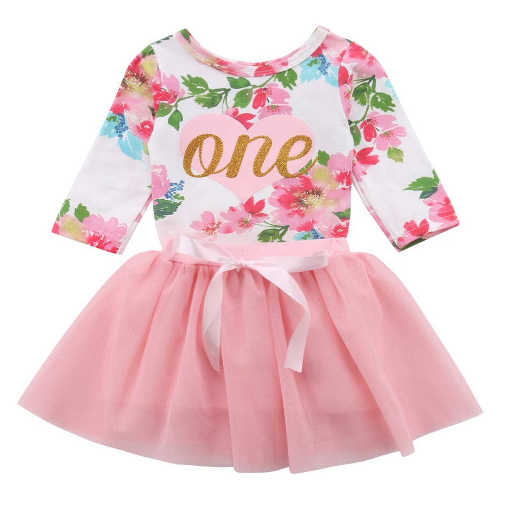 Baby Girls' 1st Birthday Tutu Dress Sleeveless Floral Romper Top Lace Skirt Clothes Easter Outfit 2Pcs (Pink-Long Sleeve, 12-18M)