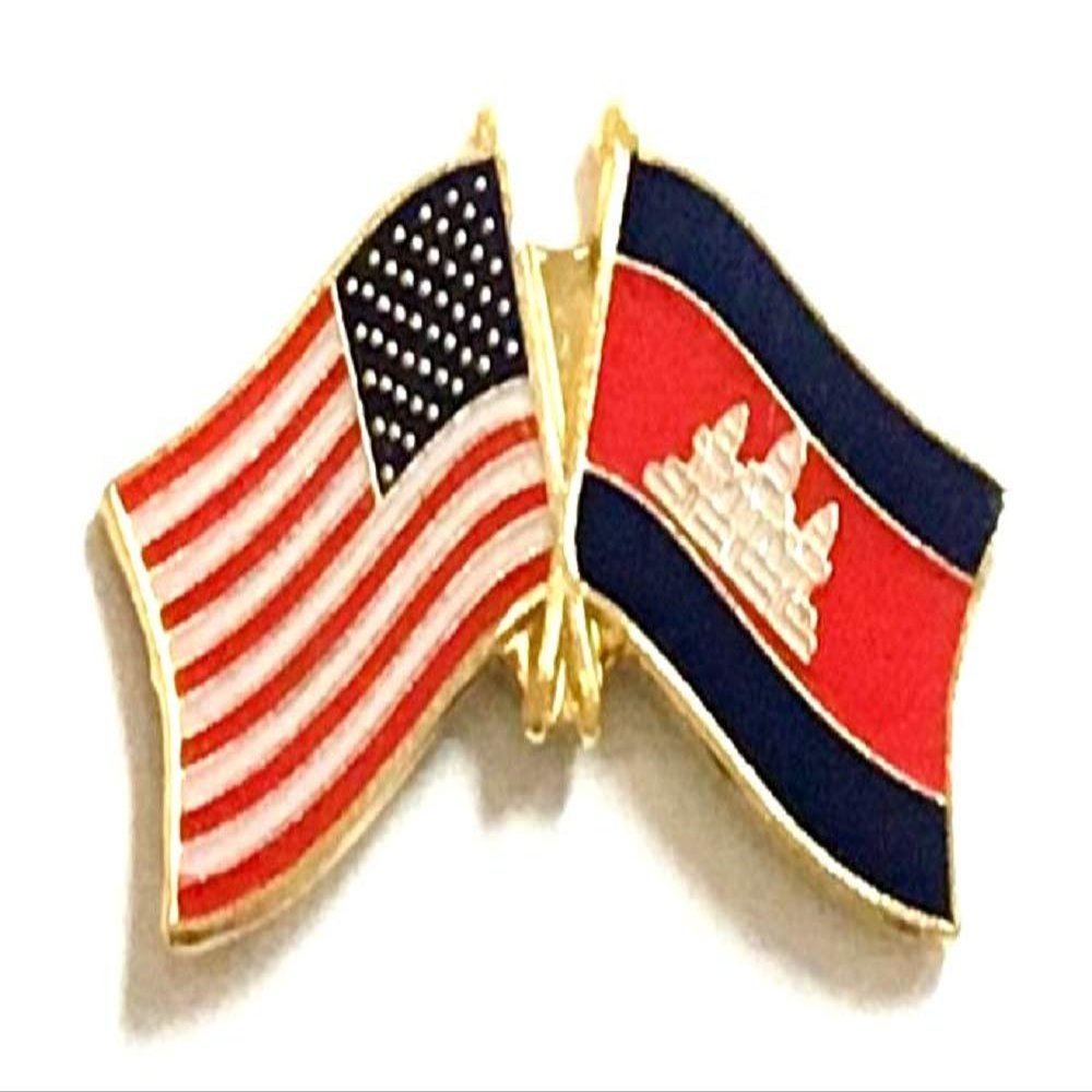 Cambodia Friendship Double Flag Lapel Pin US Crossed Emblem Tie and Hat Pin Badge