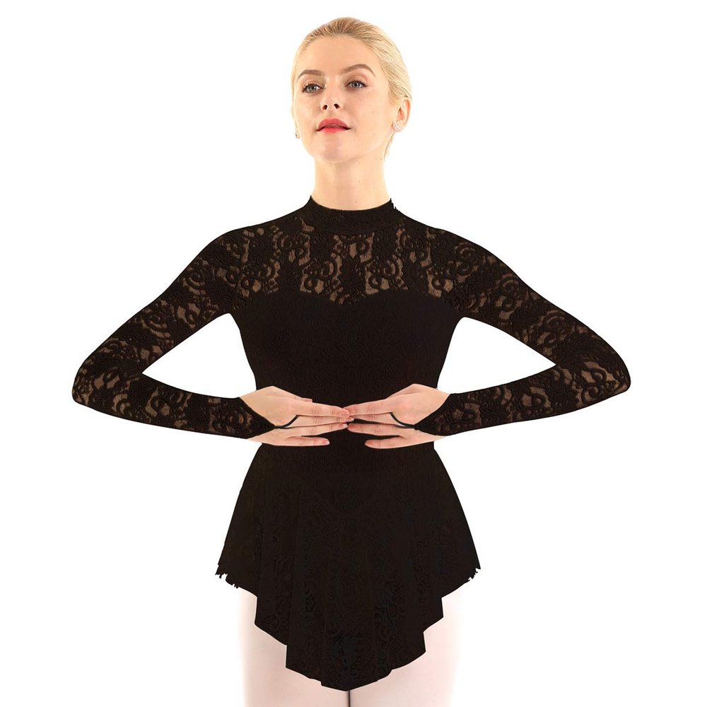 inlzdz Women's Figure Skating Dress Long Sleeve Fingerpoint Competition Dance Leotard Dresses Black Small