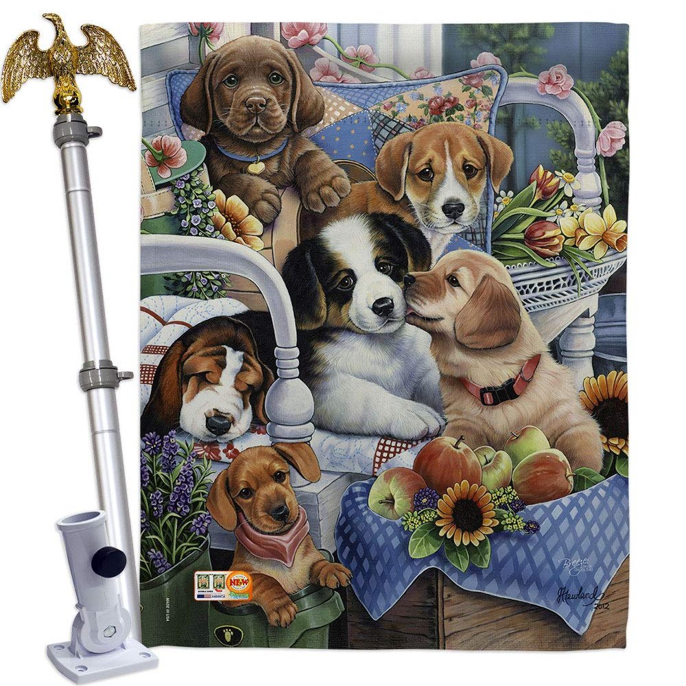 Dog Country Pups House Flag Eagle Set Animals Puppy Spoiled Paw Canine Fur Pet Nature Farm Animal Creature Small Decorative Gift Yard Banner Double-Sided Made In USA 28 X 40