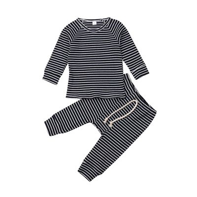 0-24M Newborn Infant Baby Boy Girl Long Sleeve T-Shirt Tee Tops Clothes Stripes Pant Fall Winter Casual Outfit Set (Navy Blue, 0-6 Months)