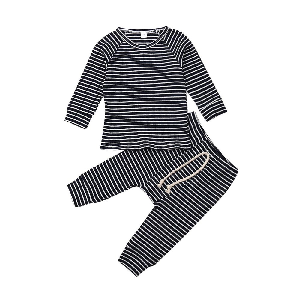 0-24M Newborn Infant Baby Boy Girl Long Sleeve T-Shirt Tee Tops Clothes Stripes Pant Fall Winter Casual Outfit Set (Navy Blue, 0-6 Months)