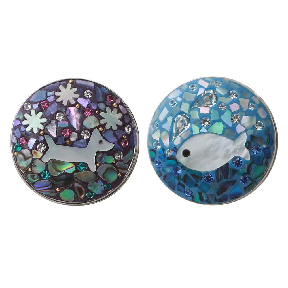 Antique Alive Mother of Pearl Dog Cat Fish Flower Design Circle Coin Metal Magnetic Pro Hat Cap Clip Golf Ball Marker Gift Set (Dog Fish)