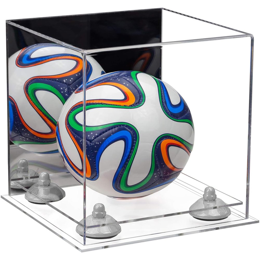 Better Display Cases Acrylic Mini - Miniature (not Full Size) Soccer Ball Display Case with Mirror Case, White Risers and Clear Base (B03/A015)