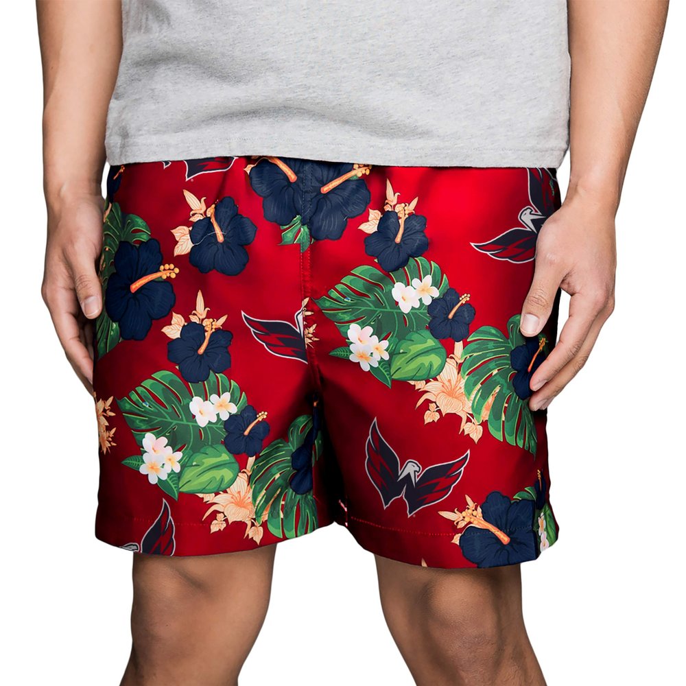 FOCO NHL Washington Capitals Mens Team Logo Floral Hawaiian Swim Suit Trunksteam Logo Floral Hawaiian Swim Suit Trunks, Team Color, XXL/ 36" - 38"