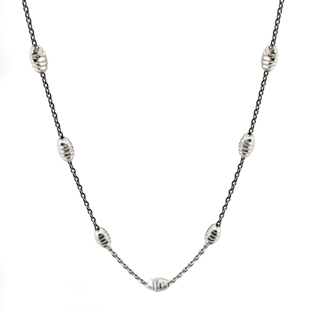 14K White, Rose & Yellow Gold Diamond Cut 5x3 Oval Beads With 18" Italian Rolo Chain Over 925 Sterling Silver Necklace
