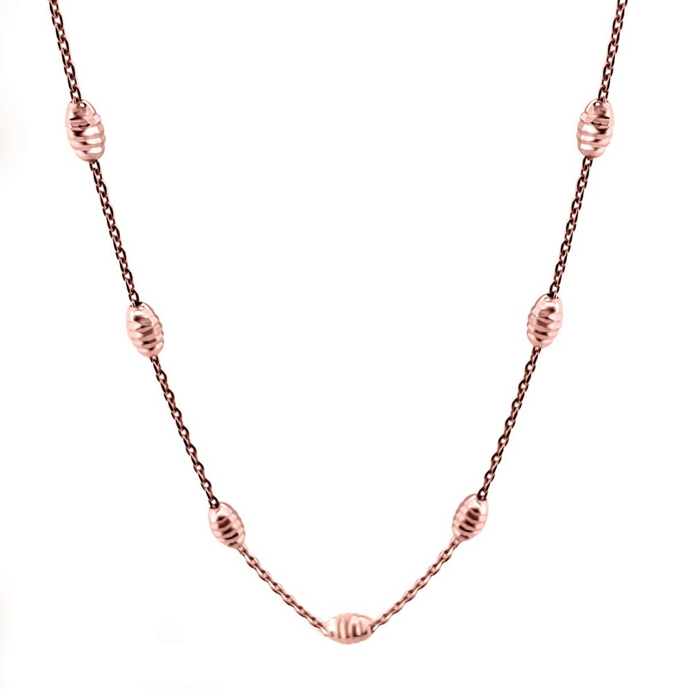 14K White, Rose & Yellow Gold Diamond Cut 5x3 Oval Beads With 18" Italian Rolo Chain Over 925 Sterling Silver Necklace