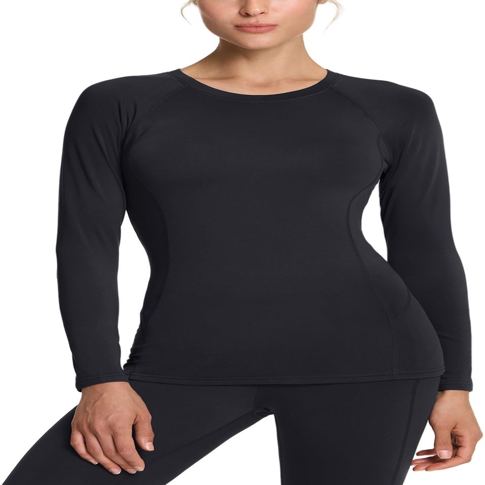 TSLA Women's Thermal Long Sleeve Tops, Mock Turtle & Crew Neck Shirts, Fleece Lined Compression Base Layer, Round Neck Heatlock Black, Large