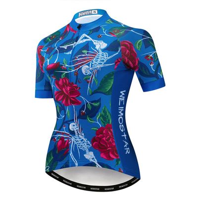 Bike Jersey Women's Cycling Jersey Zipper MTB Tops Apparel Mountain Road Bicycle Clothes Breathable Pro Team Biker Racing Shirts for Ladies Female Cycle Clothing Summer Flower Blue Black L