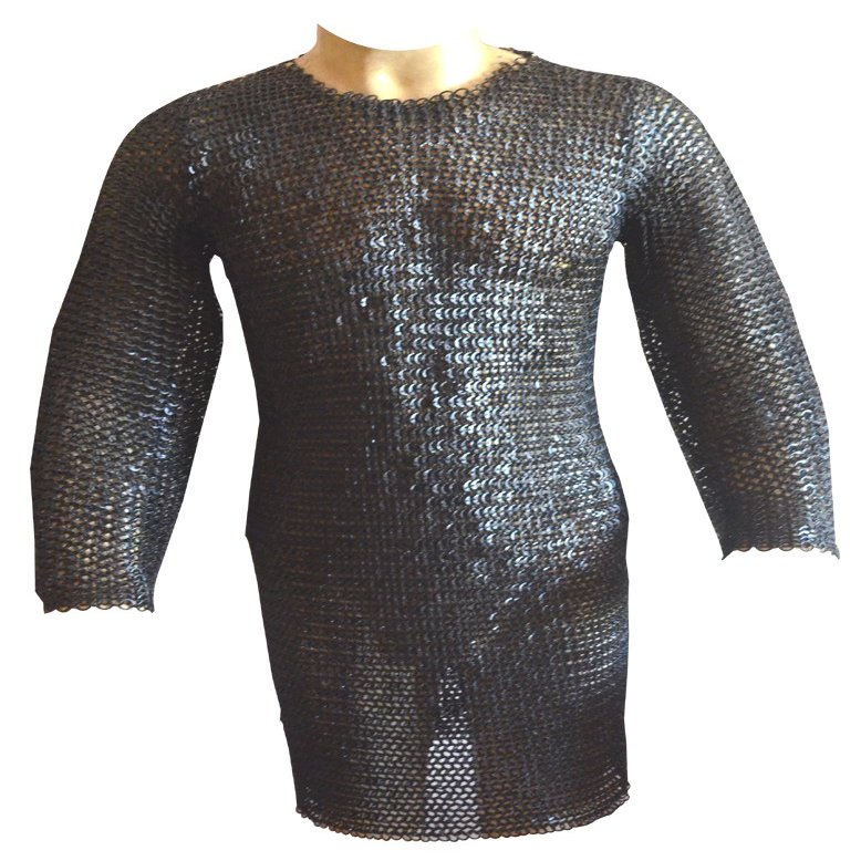 Medieval XL Chainmail Shirt Flat Riveted with Solid Rings Maille Hauberk (Blackened)