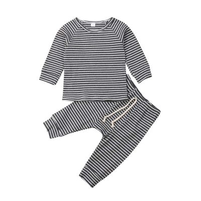 0-24M Newborn Infant Baby Boy Girl Long Sleeve T-Shirt Tee Tops Clothes Stripes Pant Fall Winter Casual Outfit Set (Grey, 6-12 Months)