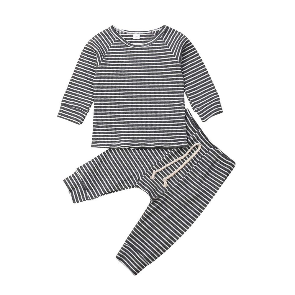 0-24M Newborn Infant Baby Boy Girl Long Sleeve T-Shirt Tee Tops Clothes Stripes Pant Fall Winter Casual Outfit Set (Grey, 6-12 Months)