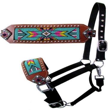Showman Bronc Halter w/Bright Multi Color Beaded Navajo Design Noseband